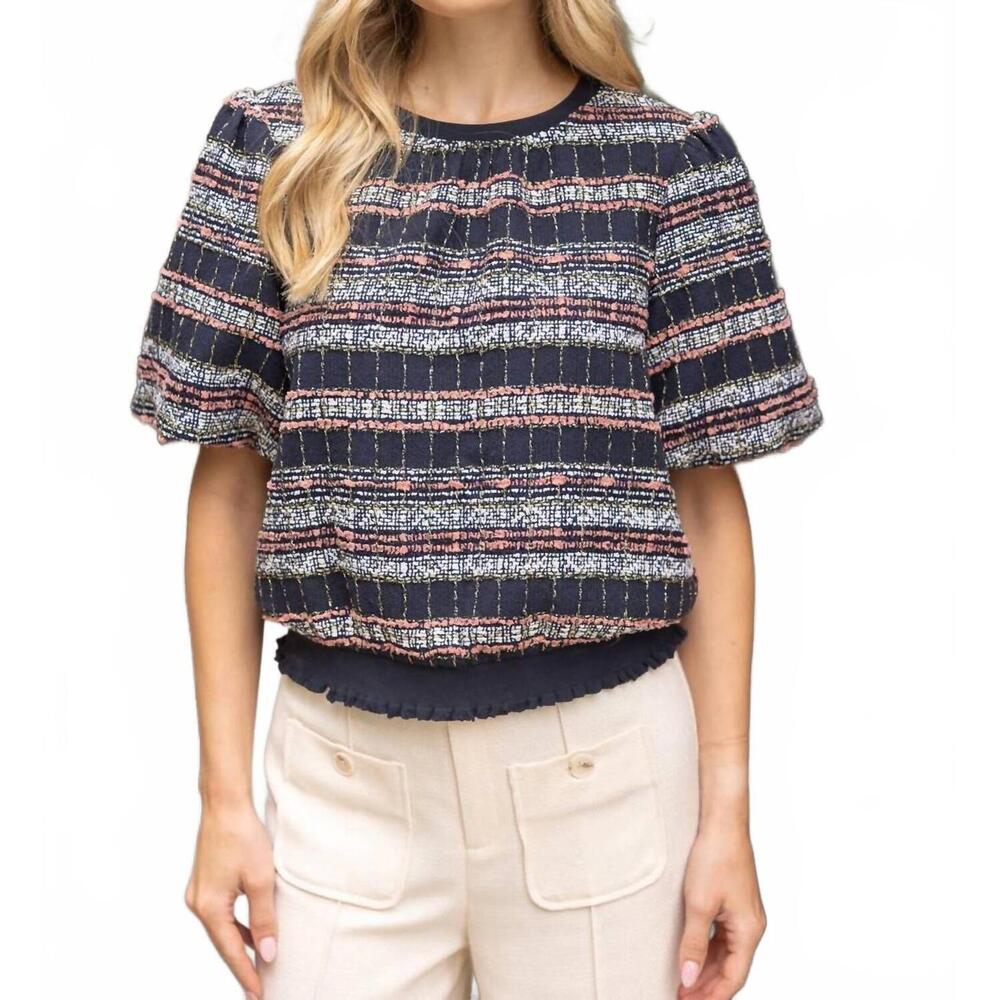 NEW VOY elastic band detailed textured tweed top in navy